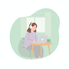 Woman Working Comfortably from Home on Laptop, Cozy Remote Work in Living Room Flat Illustration