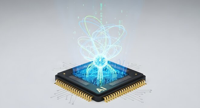 Microchip with glowing energy emanating representing artificial intelligence and technological advancement