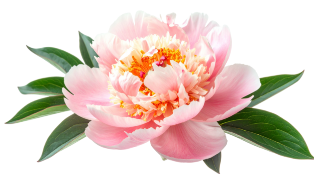 Close-up of a delicate pink peony blossom with a golden-yellow center and green leaves