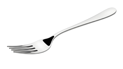 Shiny silver fork with four tines on a White background