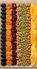 Assortment of vibrant healthy dried fruits and crunchy nuts neatly organized on natural background for wholesome nutrition