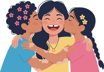 Joyful moment of two young girls kissing their mother on cheeks emphasizing love and family bonds with cheerful expressions and colorful outfits