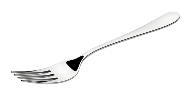 Shiny silver fork with four tines on a White background