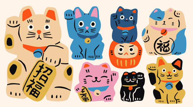 Maneki Neko set, Daruma. Various asian cats. Traditional souvenir. Talisman, amulet, good luck symbol, fortune, success, prosperity concept. Hand drawn Vector illustration. Isolated design elements