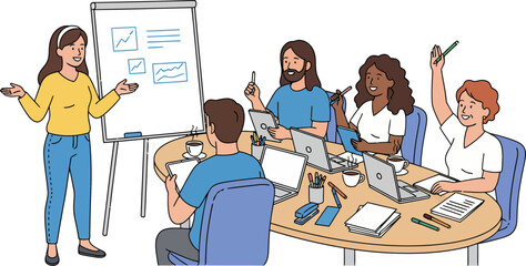 Team Collaboration and Business Meeting in Creative Office Environment with Digital Devices and Presentation