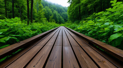 Fototapeta premium Wooden Path Disappearing into Dense Foggy Forest with Muted Green Tones