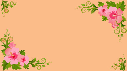 Floral corner decorations with pink hibiscus flowers and green leaves on a peach background