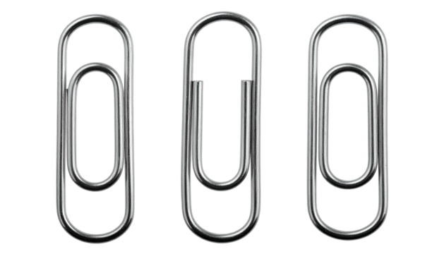 Three metallic paper fasteners arranged vertically, reflecting light against a stark black background