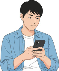 Young man engrossed in his smartphone wearing casual clothing on a dark background with a neutral expression