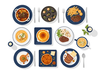 An overhead view of various Frenchstyle dishes and place settings on a white background