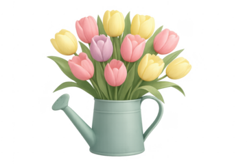 Pastel tulips bouquet in watering can illustration