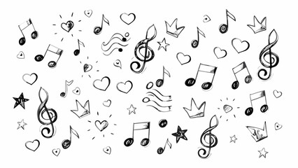 Doodle style musical notes hearts and crowns on white background