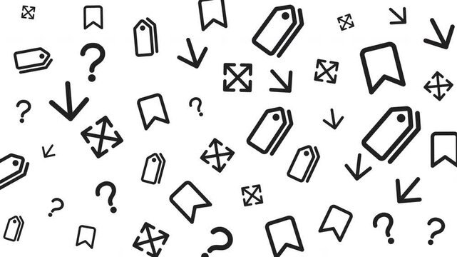 Scattered Question Marks and Tags Pattern, Abstract Graphic Design, Black and White, Minimalist Style, Top-Down View, Concept of Uncertainty