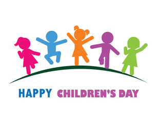 A vibrant and dynamic graphic featuring five colorful silhouettes of happy children jumping and celebrating on a green arch, accompanied by the text 