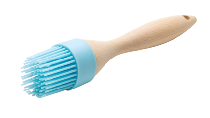 Light blue silicone pastry brush with wooden handle on  white background