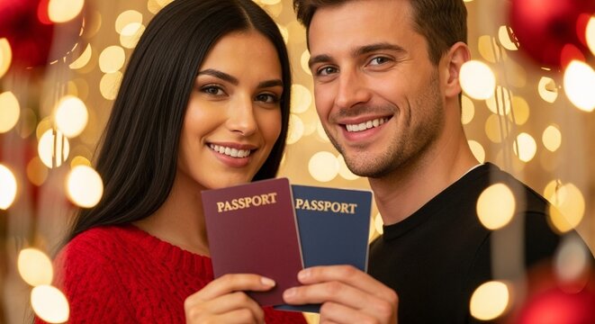 Young couple smiling and holding passports in festive setting  