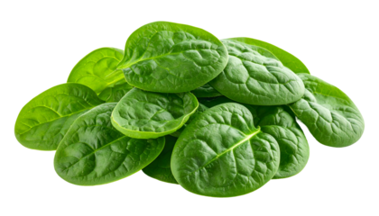 A vibrant pile of fresh, green spinach leaves, isolated against a black background