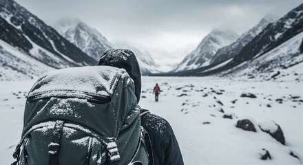 Man hiking in snowy mountains with backpack in winter landscape