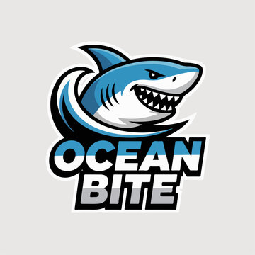 Ocean Bite cartoon shark in dynamic swirl, bold aquatic mascot emblem, modern sports team logo badge vector for branding, stickers and apparel
