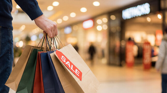 Man holding shopping bags with sale text in shopping mall, close up