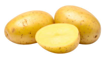 Three potatoes, one halved, showing exterior skin with speckles and creamy, pale flesh