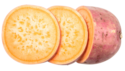 Close-up of sliced sweet potato with vibrant orange flesh and purple skin