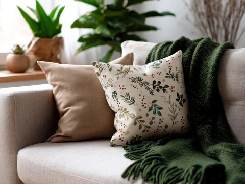Christmas Pillow Cover Mockup on Cozy Sofa with Blanket