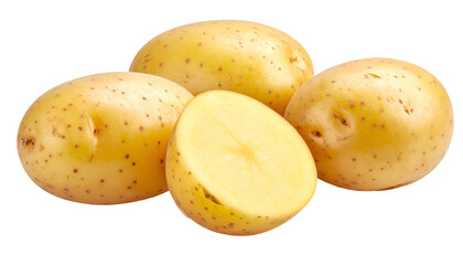 Close-up of four raw potatoes, one sliced open, on a transparent background