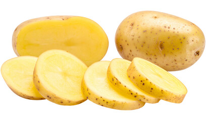 Close-up of sliced and whole potatoes against a transparent background