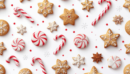 A festive flat lay of various Christmas cookies, candy canes, and peppermint sweets scattered on a clean white background, creating a cheerful holiday pattern.
