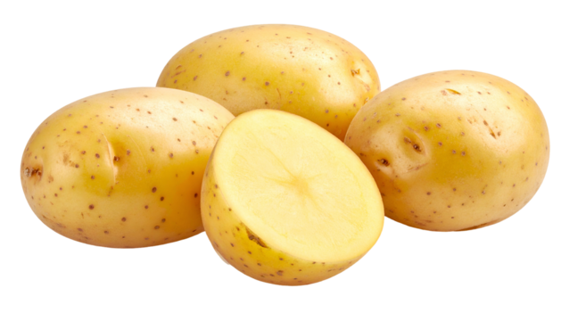 Close-up of four raw potatoes, one sliced open, on a transparent background