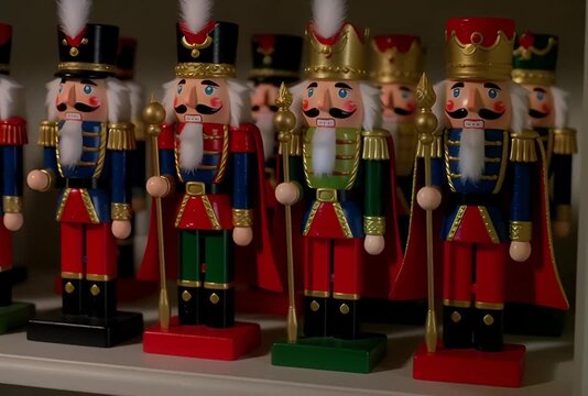 A shelf filled with a collection of colorful wooden christmas nutcracker soldier figurines standing upright