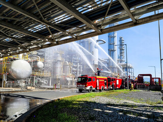A fire truck is spraying water on a building. There are several people in the background