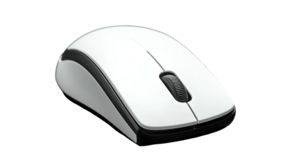 Modern, wireless computer mouse in white and black, isolated on a stark black background