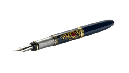 Close-up of a luxurious fountain pen with intricate gold detailing on a black background