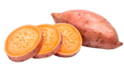 Close-up studio shot of a raw, orange-fleshed sweet potato and three slices