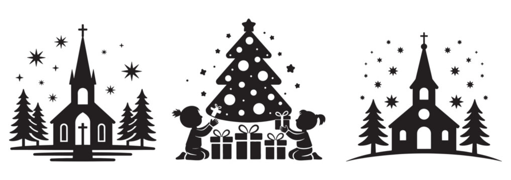 Silhouette illustrations of churches and a Christmas tree featuring children with gifts vector design for holiday themes and religious events