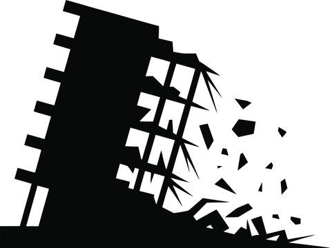 Earthquake building collapsing in silhouette icon.