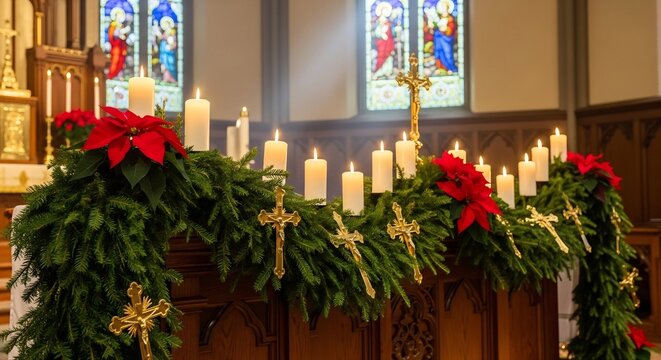 Church altar adorned with pine garland lit candles poinsettias  gold crosses