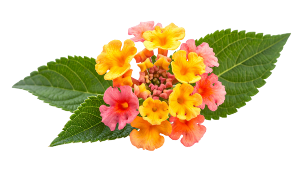 Close-up of vibrant cluster of small, multicolored flowers with surrounding green leaves
