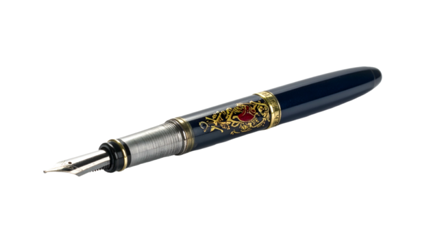 Close-up of a luxurious fountain pen with intricate gold detailing on a black background