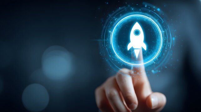 Human finger presses glowing digital interface featuring a soaring rocket icon - Powered by Adobe