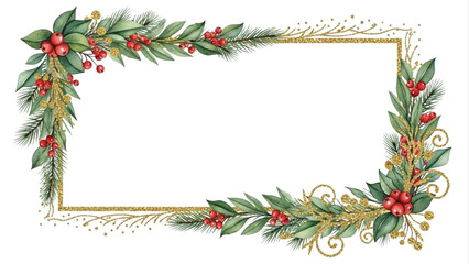 Watercolor Christmas Rectangle Frame with Holly Leaves, Red Berries, Pine Branches and Gold Glitter Accents