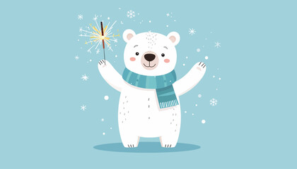 A cute cartoon polar bear wearing a blue scarf, holding a sparkling sparkler, with snowflakes falling on a light blue background.