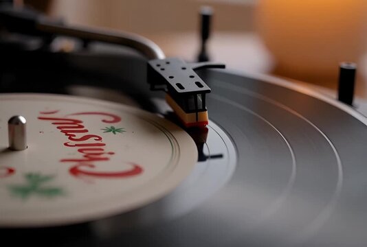 Christmas classics vinyl record spinning on a turntable with a candle in the background near window