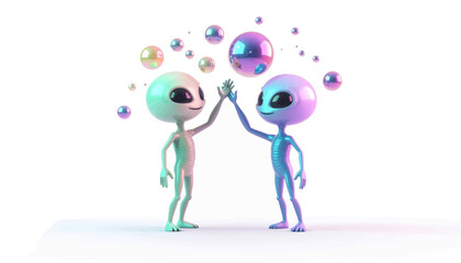 Two cute 3D rendered alien characters high-fiving with colorful iridescent bubbles floating around them on a white background.