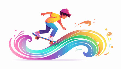 A boy skateboarding on a vibrant rainbow wave, illustrating fun and dynamic movement.