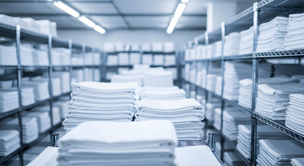 Obraz premium Neatly Stacked White Linens in Industrial Laundry Storage Shelves, Clean Fabric Preparation