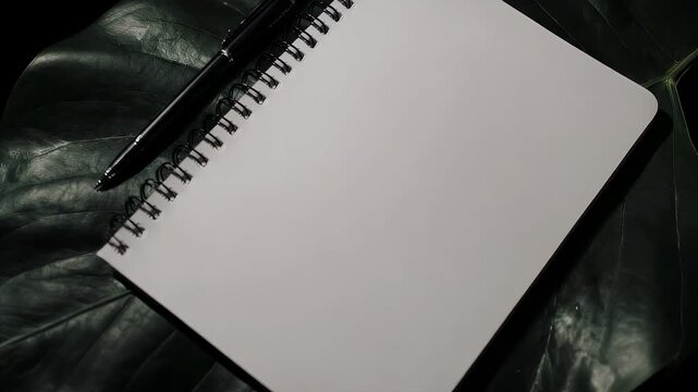 A blank white notebook rests on a large, textured green leaf with a black pen on top, isolated against a dark backdrop