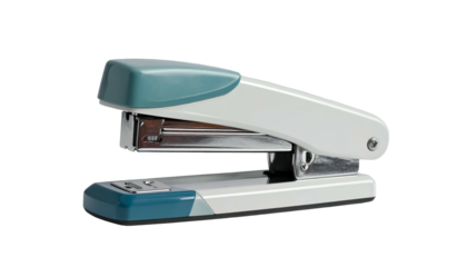 Close-up studio shot of a white and teal stapler, isolated on a black background